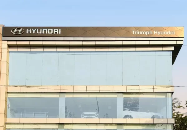 triumph hyundai showroom mayapuri buidling front facia with hyundai logo and triumph hyundai branding
